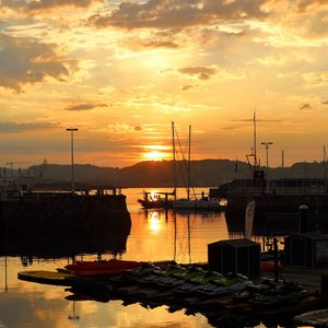 Preview wallpaper bay, boats, mountains, reflection, sunset, clouds