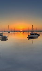 Preview wallpaper bay, boats, sunset, sea, dusk, quiet