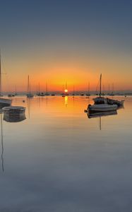 Preview wallpaper bay, boats, sunset, sea, dusk, quiet