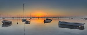 Preview wallpaper bay, boats, sunset, sea, dusk, quiet