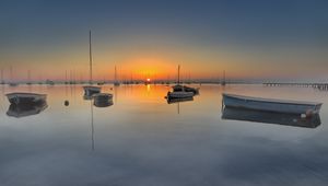 Preview wallpaper bay, boats, sunset, sea, dusk, quiet