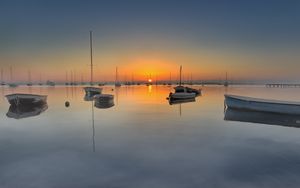 Preview wallpaper bay, boats, sunset, sea, dusk, quiet