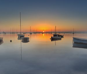 Preview wallpaper bay, boats, sunset, sea, dusk, quiet