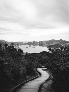 Preview wallpaper bay, city, island, stairs, view, black and white