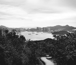 Preview wallpaper bay, city, island, stairs, view, black and white