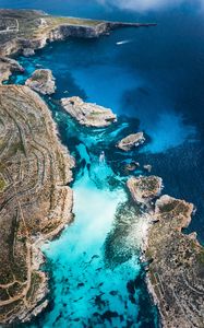 Preview wallpaper bay, coast, stony, ocean, island, aerial view