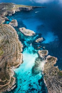 Preview wallpaper bay, coast, stony, ocean, island, aerial view