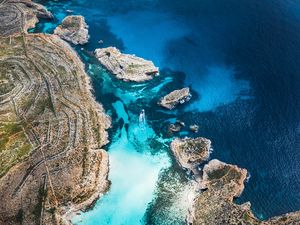 Preview wallpaper bay, coast, stony, ocean, island, aerial view