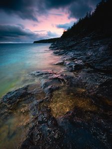 Preview wallpaper bay, coast, sunset, stones, trees, clouds, sky, georgia