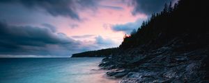 Preview wallpaper bay, coast, sunset, stones, trees, clouds, sky, georgia