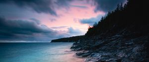 Preview wallpaper bay, coast, sunset, stones, trees, clouds, sky, georgia