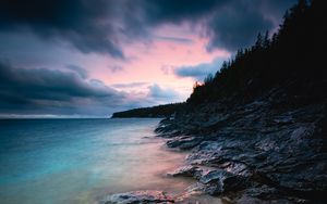 Preview wallpaper bay, coast, sunset, stones, trees, clouds, sky, georgia