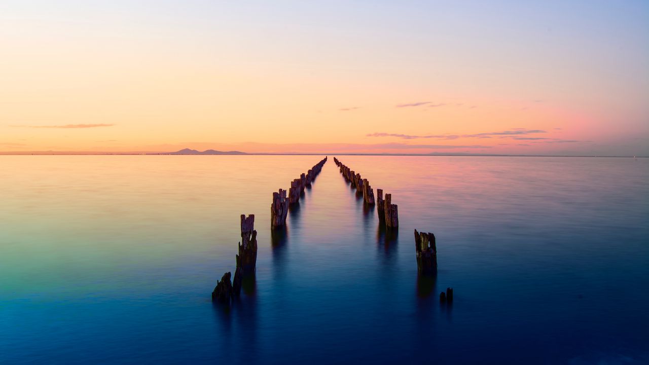 Wallpaper bay, horizon, sunset, pier, ruins, clifton springs, australia