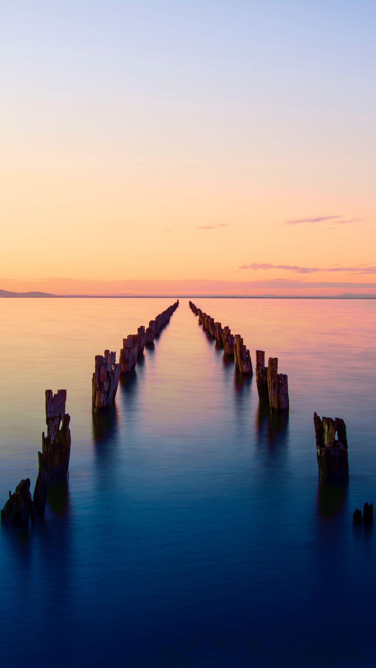 1440x2560 Wallpaper bay, horizon, sunset, pier, ruins, clifton springs, australia