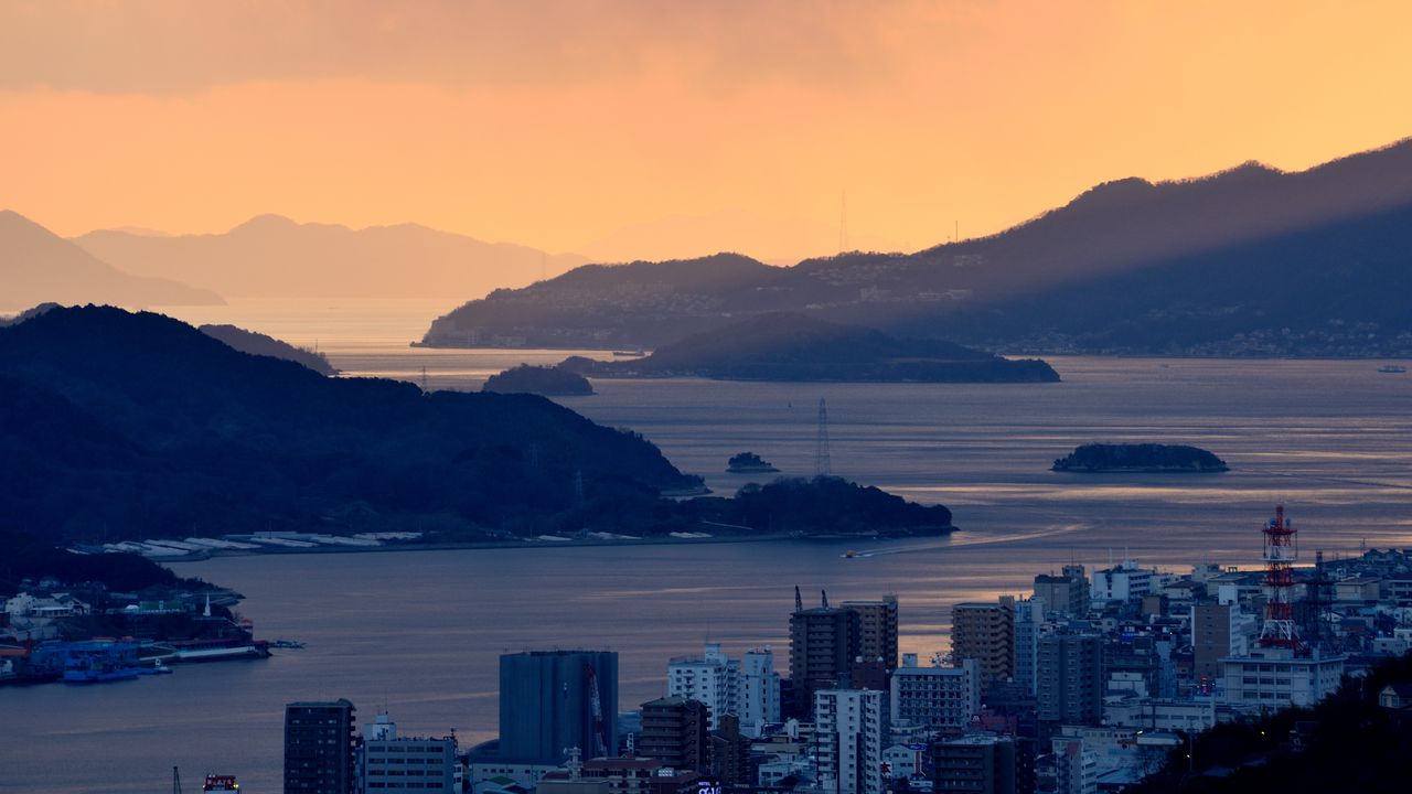 Wallpaper bay, islands, buildings, evening