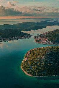 Preview wallpaper bay, islands, relief, hilly, city, houses