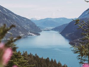 Preview wallpaper bay, mountains, forest, water, landscape