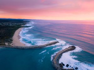 Preview wallpaper bay, ocean, aerial view, coast, sunset