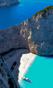 Preview wallpaper bay, rocks, coast, sea, boat, landscape, aerial view