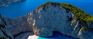 Preview wallpaper bay, rocks, coast, sea, boat, landscape, aerial view