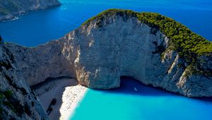 Preview wallpaper bay, rocks, coast, sea, boat, landscape, aerial view