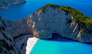 Preview wallpaper bay, rocks, coast, sea, boat, landscape, aerial view