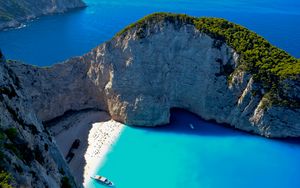 Preview wallpaper bay, rocks, coast, sea, boat, landscape, aerial view