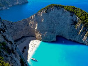 Preview wallpaper bay, rocks, coast, sea, boat, landscape, aerial view