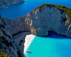 Preview wallpaper bay, rocks, coast, sea, boat, landscape, aerial view