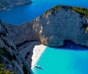 Preview wallpaper bay, rocks, coast, sea, boat, landscape, aerial view