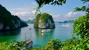 Preview wallpaper bay, rocks, ocean, ship, vegetation, vietnam