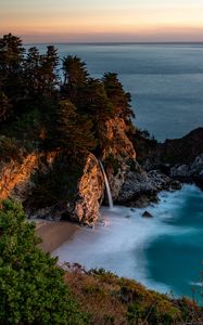 Preview wallpaper bay, rocks, waterfall, sea, trees, vegetation, stone