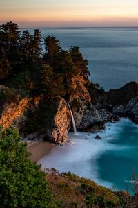 Preview wallpaper bay, rocks, waterfall, sea, trees, vegetation, stone