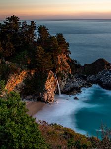 Preview wallpaper bay, rocks, waterfall, sea, trees, vegetation, stone