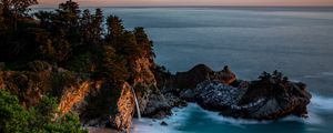 Preview wallpaper bay, rocks, waterfall, sea, trees, vegetation, stone