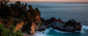 Preview wallpaper bay, rocks, waterfall, sea, trees, vegetation, stone