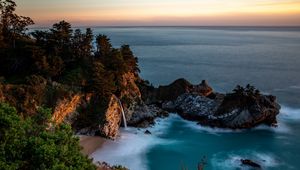 Preview wallpaper bay, rocks, waterfall, sea, trees, vegetation, stone