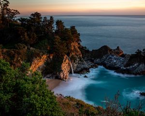 Preview wallpaper bay, rocks, waterfall, sea, trees, vegetation, stone