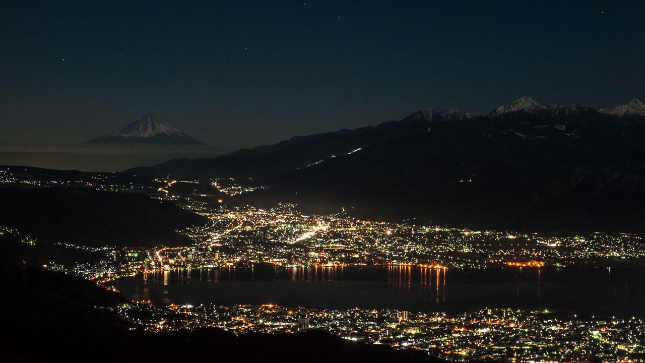 Wallpaper bay, sea, lights, night, volcano