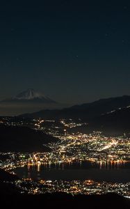 Preview wallpaper bay, sea, lights, night, volcano