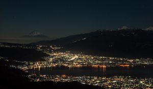 Preview wallpaper bay, sea, lights, night, volcano