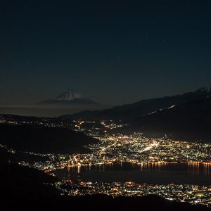 Preview wallpaper bay, sea, lights, night, volcano