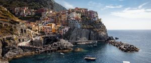 Preview wallpaper bay, sea, rocks, buildings, boats