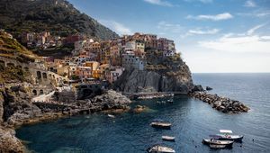 Preview wallpaper bay, sea, rocks, buildings, boats