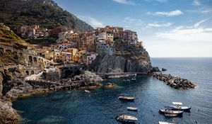 Preview wallpaper bay, sea, rocks, buildings, boats