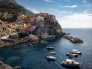 Preview wallpaper bay, sea, rocks, buildings, boats