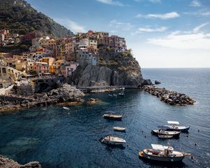 Preview wallpaper bay, sea, rocks, buildings, boats