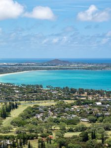 Preview wallpaper bay, sea, tropics, houses, aerial view