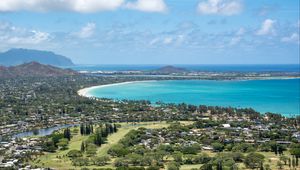 Preview wallpaper bay, sea, tropics, houses, aerial view