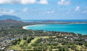 Preview wallpaper bay, sea, tropics, houses, aerial view